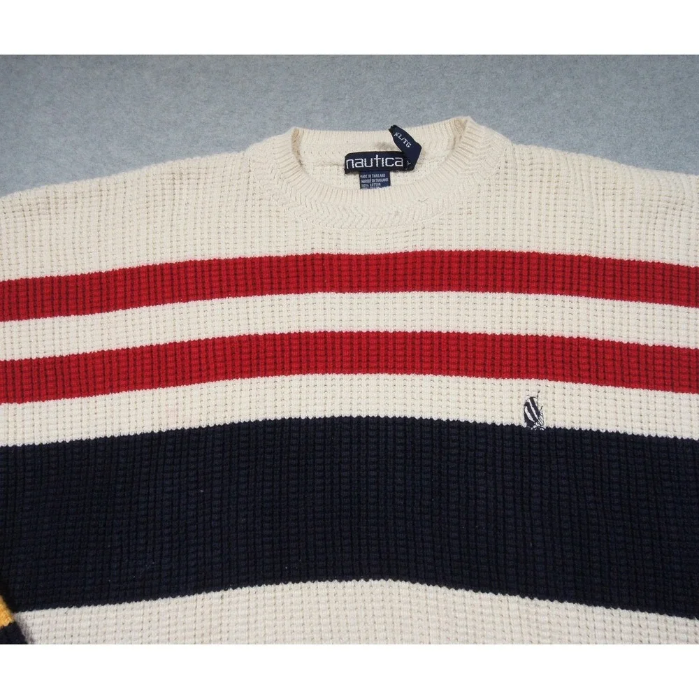 Vintage Nautica Sweater Mens XLarge Crewneck Knit Pullover Striped Cotton